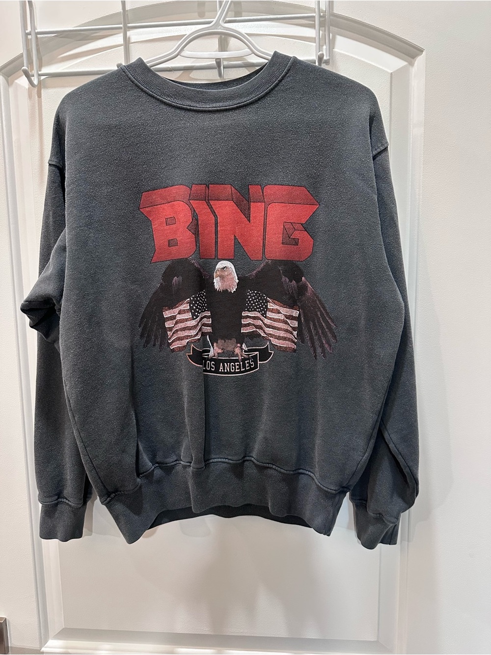 SALE** Anine Bing Charcoal Crewneck with Red Logo and Eagle Graphic - Picture 1 of 7